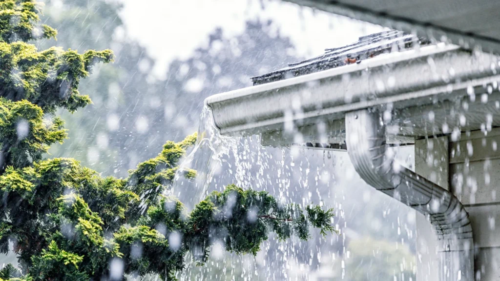 Pluie tombant sur une gouttière de maison