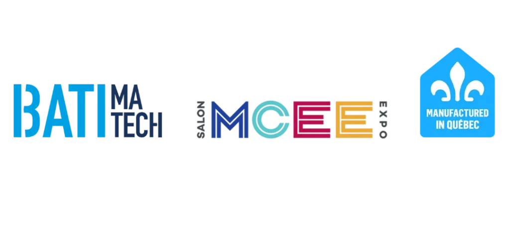 Logos for Batimatech, MCEE expo and Manufactured in Québec certification